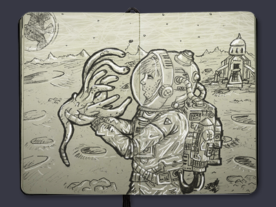 One page from my sketchbook alien cosmonaut drawing earth illustration moon pen pencil sketch sketchbook space spaceship