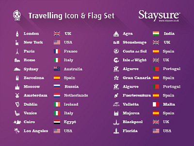Staysure Travelling Icon & Flag Set flags icons insurance purple set staysure travel