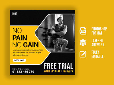 Gym Social Media Banner Post Design Template behance dumbbell exersize eye caching facebook fitness google graphic design gym gym equipment gym fitness gymnast instagram linkedin red social media twitter unique workout yellow