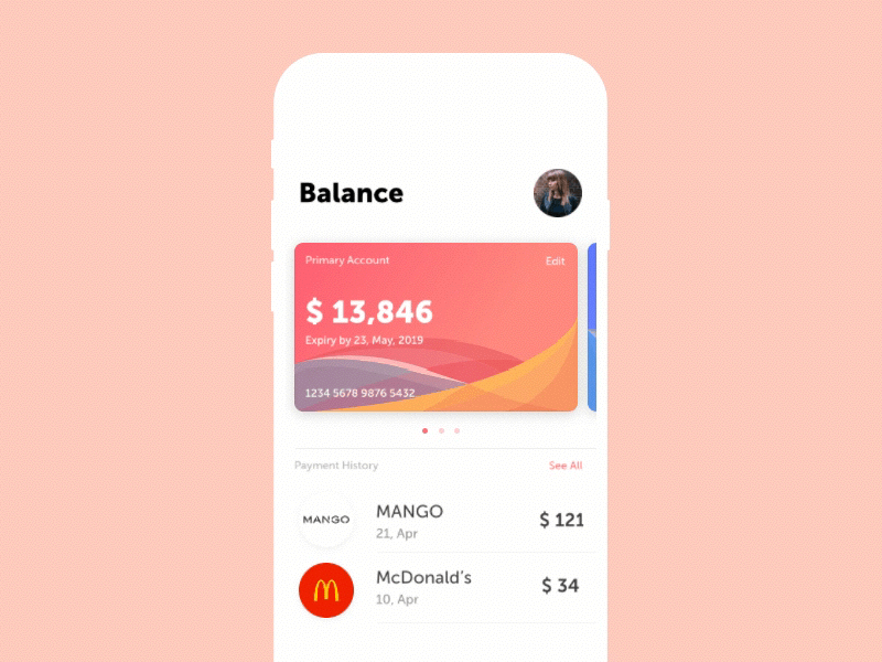 Card Balance animation balance bank card finance ios mobile money ui ux