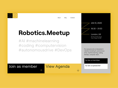 Robotics.Meetup agenda branding design landing layout machinelearning meetup robot robotics webdesign