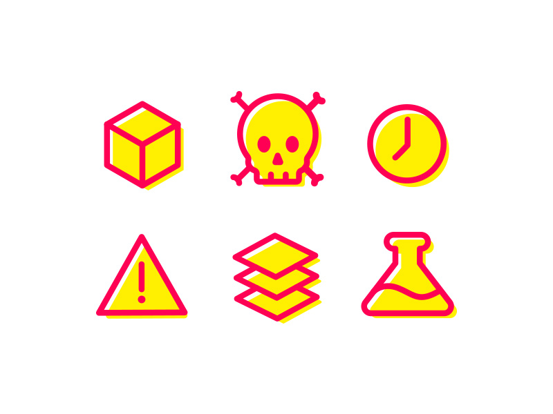 CAUTION! death hazard iconography danger warning science beaker cube clock skull icon caution