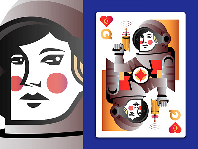 Outer Space Playing Cards: Queen of Hearts astronomy austonaut cards future heart illustration moon queen sci fi science space star