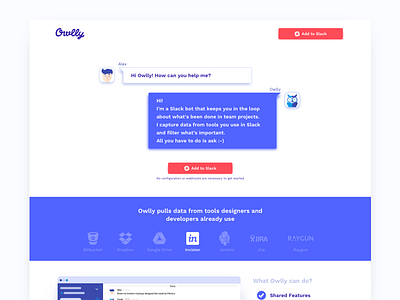 Landing page for Owlly (Slack Bot) app artificial intelligence bot chatbot conversational ui illustration landing page owl productivity slack web website