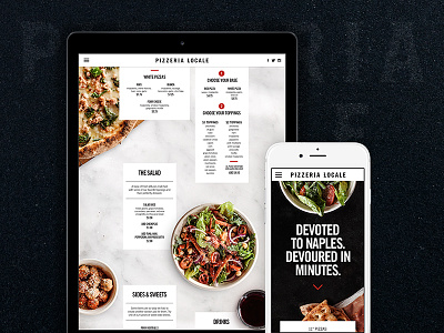 Pizzeria Locale Menu dark food marble mobile photography pizza responsive tablet ui ux website white