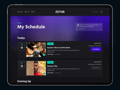 2GTHR - Schedule page design - UI/UX add to schedule calendar classes dark ui schedule sessions streaming ui ux video conferencing