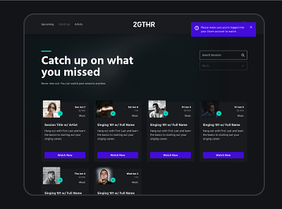 2GTHR - Catch Up page design - UI/UX card ui classes ui dark mode dark ui sessions ui ux video conferencing watch now web design