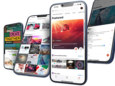 iOS App for Creators - HITRECORD - Hashtags, Featured Carousel apple app art grid bottom tray carousel chips comments featured half panel hashtags hitrecord ios search ui ui grid uiux