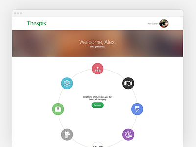 Thespis.com - welcome screen with circular navigation