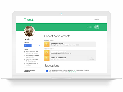 Thespis.com - profile page achievements gamification profile thespis