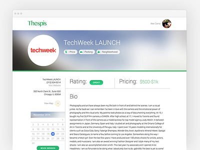 Thespis.com - profile page for service provider mini calendar profile tags thespis