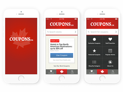 Coupons.ca - iOS app arrival screen, home, and action menu action menu app arrival canada coupons ios red stack