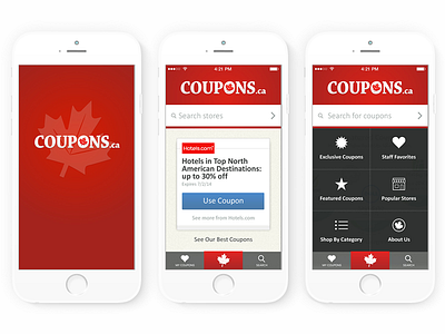 Coupons.ca - iOS app arrival screen, home, and action menu