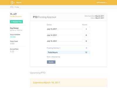 PTO web app design - profile page gold pto time off web app