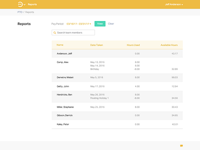 PTO web app- reporting page data gold pto reporting reports table time off web app