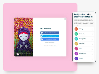 UI - Sign up page / login modal & interest picker (mobile) get started login mobile interest picker modal signup ui website design