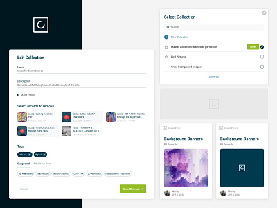Web UI - Collections - Edit, modal, content cards card ui collections content cards edit collection empty state modals records