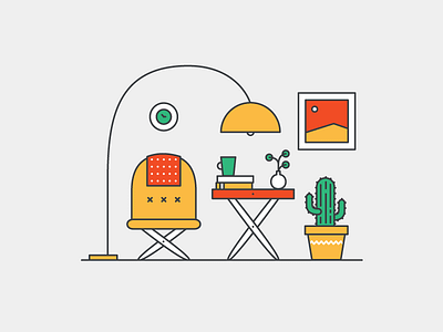 Living Room ambient cactus chair floor lamp geometric icons illustration line vector