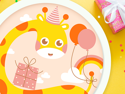Giraffe baby girl balloons birthday birthday cake cake character children children art cute gift giraffe illustration party pink rainbow