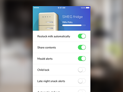 Smart home app settings 007 appliance blue dailyui food fridge kitchen settings smart smart home smeg toggle