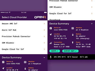 OpenH.io UI: Provider & Device Summary app ios iot material design