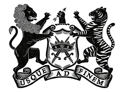 Usque Ad Finem blockprint coat of arms crest heraldry linoprint lion printmaking shield tiger