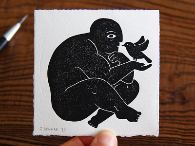 Man & Bird bird blockprint illustration linocut linoprint male man people printmaking