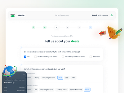 Onboarding Interfaces 3d crm dashboard design finance green illustration onboarding ui ux web white wizard