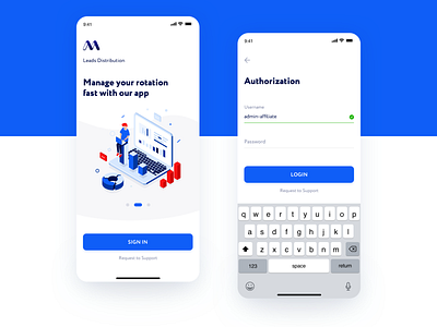 Onboarding & Sign In — Affiliate Mobile App affiliate app apple authorization blue branding finance illustraion ios iphone x login logo onboarding sing in ui ux white