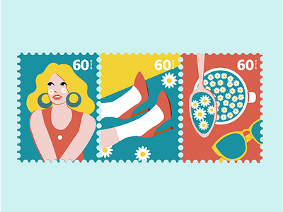 Stamp illustration blue daisy girl illustration red stamp yellow