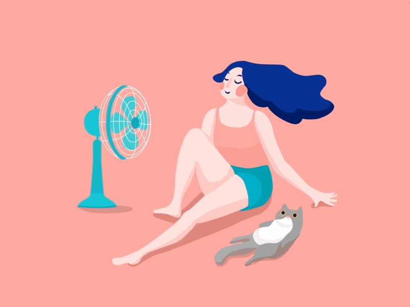 Hot Summer illustration cat electric fan gif girl illustration pink summer