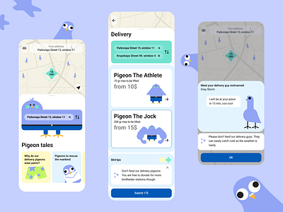 Pigeon delivery app cute debut delivery illustration mobile pigeon ui