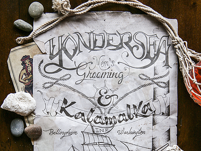Yondersea barbershop branding design hand lettering lettering logo navy ocean poster sea ship