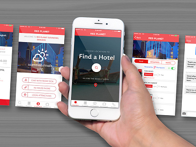 Red Planet hotels app booking branding design flat hotel icon illustrator ios iphone lobby logo messaging signage typography ui ux vector web website