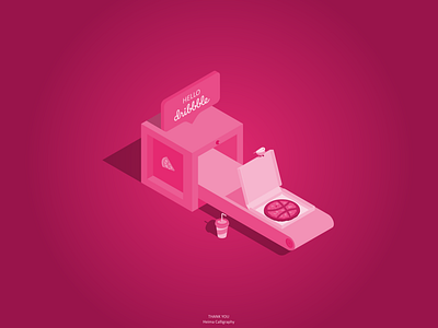 Hello Dribbble! app bird conveyor design dribbble drink food hellodribbble icon illustration isometry logo piece pizza tasty vector