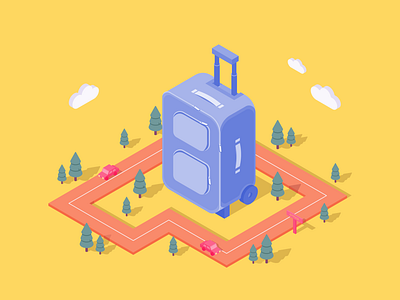 Travel app baggage blue car clouds fir tree forest illustration isometry nature road suitcase travel trip vacation vector way