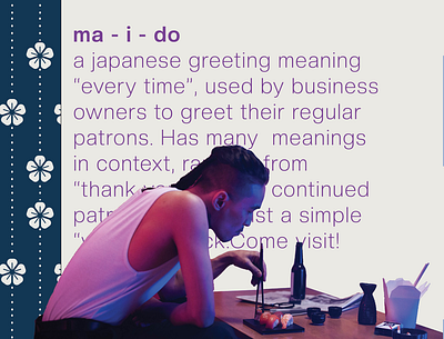 Ma - i - do : Closeup of Styleboard for a Japanese Restaurant. blue illustrator japanese layout magenta maido menu nighttime portrait restaurant sushi type design typography