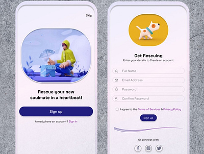 Pet adoption sign up #DailyUI #001 3d animation app dailyui design figma illustration motion graphics pets prototype signup ui ux