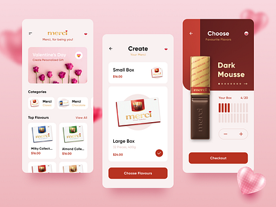 Valentine's Day - Merci App 💕 app branding chocolates dailyui ecommerce figma illustration merci product ui valentines day