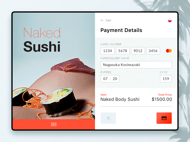 Naked Body Sushi Experience buy card checkout credit daily ecommerce product shop sushi ui ux web