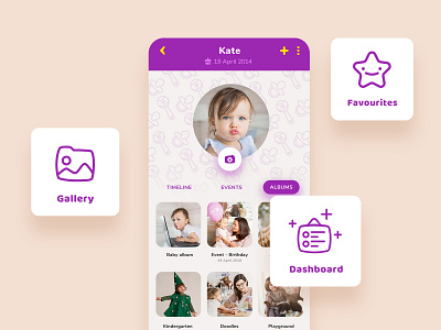 Baby App - Main features album baby baby shower event family memories mobile parent uiconcept ux