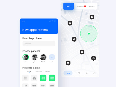 Mobile app for patients & doctors. Booking home visits doctor doctors map mobile patients schedule ui ux