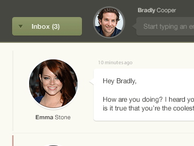 Inbox simplified 0.2 actors bradly cooper circle circler avatar clean conversation email emma stone flat design gray inbox menu messaging minimalist simple ui ui design user interface design ux yellowish