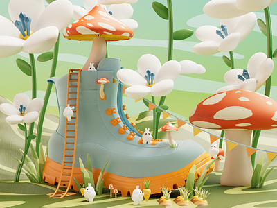 Bunny Adventures 3d 3d art 3d modelling blender boot bunny cinema4d flowers graphic design illustration kids modelling