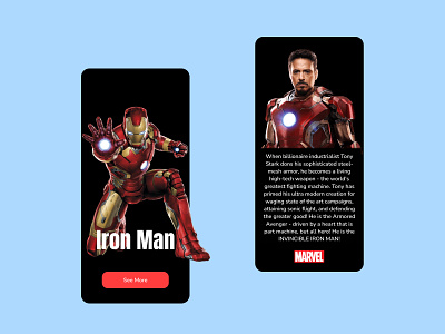 Marvel Iron Man Info App Ui/Ux Design adobe xd app design app ui app ux design figma graphic design iron man marvel re design sketch ui ux