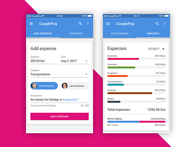CouplePay.net (app for tracking expenses for couples) app chart couple expense form materiadesign mobile money