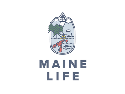Maine Life illustration life lobster logo maine mountains ocean pine trees sailboat skyline thick lines
