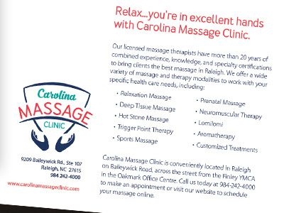 Carolina Massage Clinic Promotions copywriting hands identity logo massage promotion