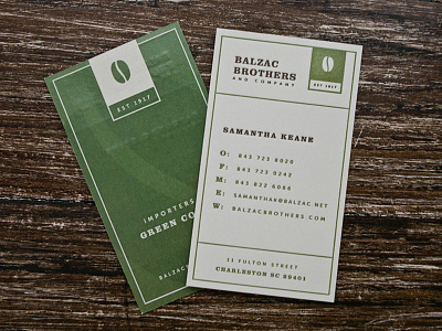 Balzac Brothers and Co Business Cards brown business cards coffee earthy green letterpress wood