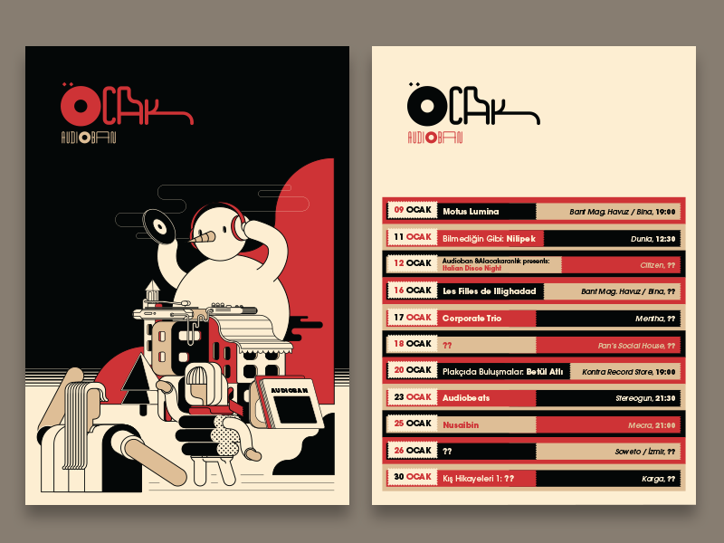 Audioban january (cancelled version) burak beceren illustration graphic design vector character design design drawing typography artwork flat audioban event calendar program music snowman djs flyer sketch doodle